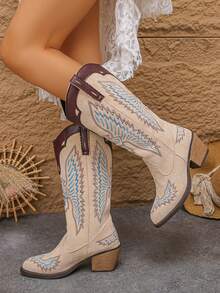 Botas Ocidentais Femininas de Salto Bloco de Bico Fino com Bordado da Moda, Design Versátil e Confortável Adequado para Festivais de Música, Viagens ao Ar Livre, Ciclismo, Férias