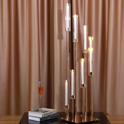 1 Pc Black Floor Candle Holders Tall Set: 8 Arms Metal Floor Candelabra Candle Holder For Wedding Table Centerpiece, 45.3'' Gold CandleSticks Holder With Clear Acrylic Shade For Party, Fit LED Taper Candle, And Halloween