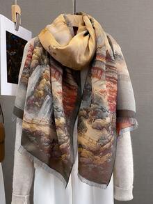 1pc Elegant Landscape Oil Painting Thick Faux Cashmere Jacquard Scarf, Women's Versatile Shawl Wrap For Autumn/Winter