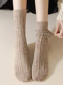 Random 3 Pairs Women's Socks Cable & Ribbed Design Moisture-Wicking Knit Mid-Crew Socks Neutral Tone Fall Winter Collection Versatile Daily Athleisure Wear Christmas Gift