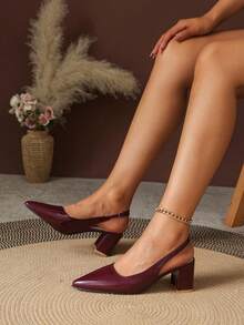 Zapatos de tacón alto con punta puntiaguda y sin talón de cuero patentado burdeos, bombas elegantes de tacón grueso vintage, adecuados para diversas ocasiones como banquetes, otoño, bodas, oficina y moda