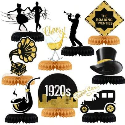 D9 Pcs Roaring 20s Party Decorations Jazz Roaring 1920's Party Honeycomb Centerpiece Black And Gold Roaring 20s Honeycomb Centerpiece Vintage Music Themed Table Toppers 1920s Wedding Party Plies10
