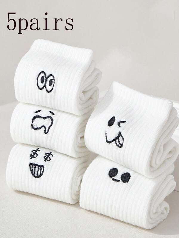 2/5 pares de calcetines blancos surtidos al azar, calcetines hasta el tobillo con caras de dibujos animados lindos y divertidos para mujeres, de moda y casuales