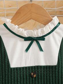 coviviky Set de 2 piezas de vestido de punto texturizado para niña - Camisa blanca con cuello de volantes + Falda de tirantes con lazo de botón verde oscuro, estilo escolar vintage