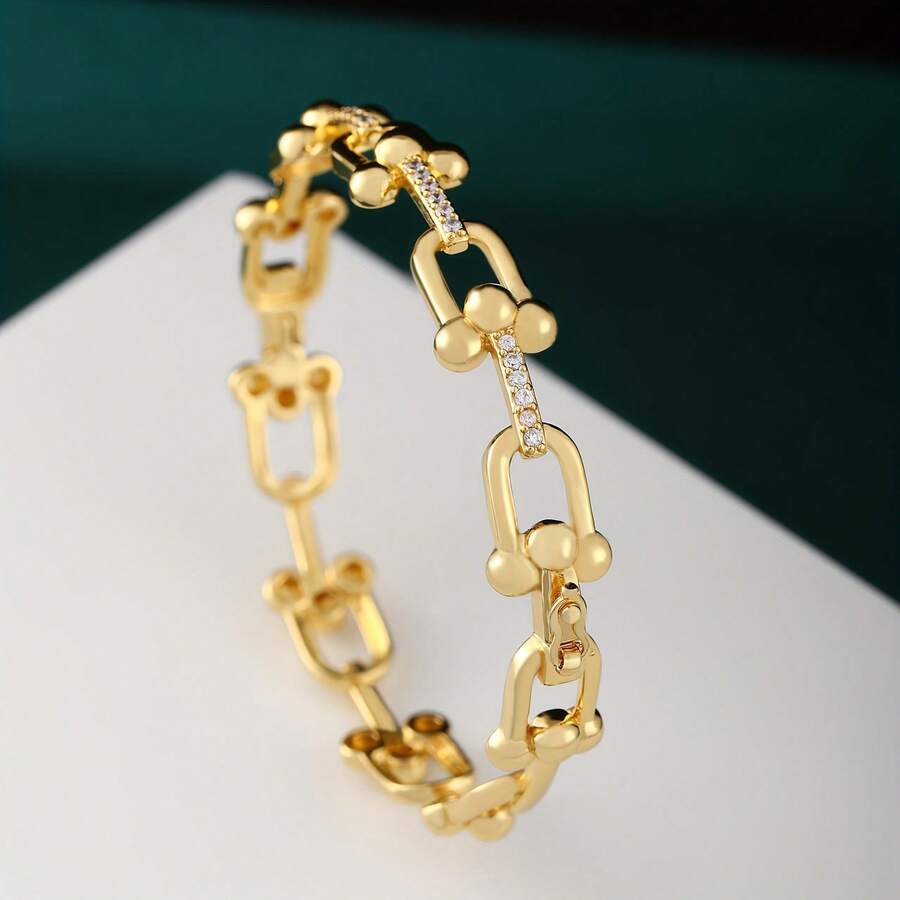 سوار مطلي بالذهب عيار 18 قيراط مع قفل على شكل حرف U مرصع بالزركونيا، إكسسوار أنيق فاخر عالي الجودة بطراز عتيق للنساء