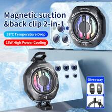 A Black Magnetic Suction&Back Clip Semiconductor Mobile Phone Cooling Fan, Mobile Phone Cooler, ABS+Ice Porcelain Material, Dual Cooling, Three Speed Wind Speed Adjustment, Color Lighting, Mobile Phone Cooling Product, Mobile Phone Fan, Suitable For Various Mobile Phones And Tablets, Etc. Christmas Gifts, Camping Equipment.