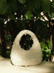 Bolso de embrague de mujer con flor de ganchillo de tela de algodón con forma ovalada para el Día de San Valentín, bolso de novia de boda, bolso de fiesta y baile con perlas tejidas a mano en forma de media luna