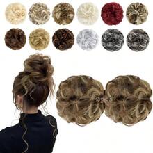 2 PCS Messy Bun Hair Piece Wavy Curly Scrunchies Synthetic Chignon Ponytail Hair Extensions Thick Updo Hairpieces Women GirlsLight Brown Mix Ash Blonde