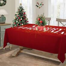 1pc Christmas Red & Gold Snowflake Letter Rectangular Tablecloth, Holiday Dining Table Decor, Suitable For Family Gatherings, Living Room, Dining Room, Christmas Themed Events, Durable Polyester Fabric