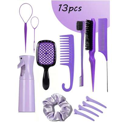 Juego de 13 cepillos para el cabello, unisex, incluye funciones de desenredado, moldeado de bordes y peinado hacia atrás, cepillo de 9 filas, botella rociadora desenredante, cepillo de masaje del cuero cabelludo, peine de dientes anchos de alta calidad, pasadores de flores, juego de cepillos de peinado