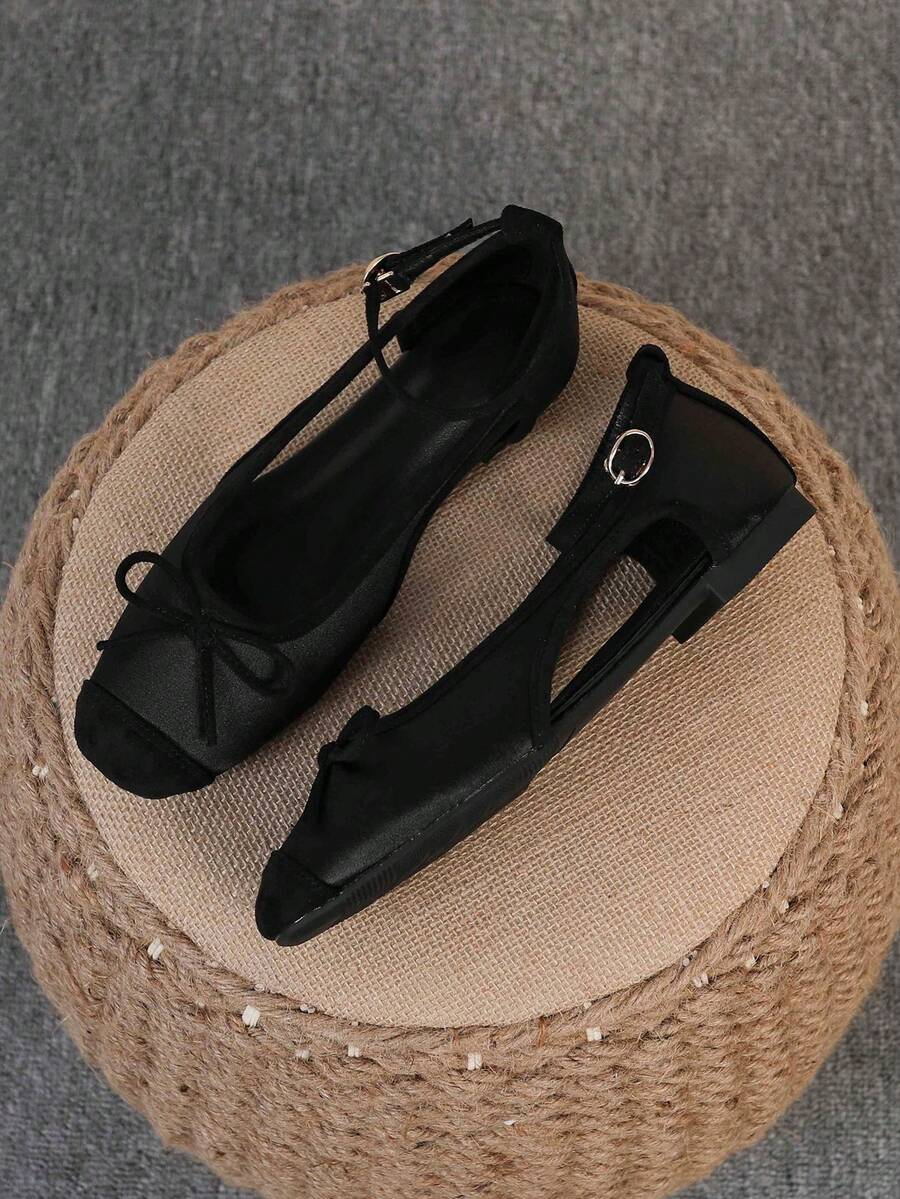 Women's Ballet Flats, Fashionable Square Toe Slip-On Soft Bottom Shoes, Versatile Flat Shoes, Black Hollow Flat Bowknot Loafers, Size Run Large, Plus Size 35-43