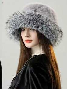 Classic Autumn/Winter New Solid Color Fashionable Wide Brim Bucket Hat For Women, Autumn/Winter Thickened Plush Hat, Versatile, Petite, Casual, Polyester Fiber Fuzzy Decor, Autumn/Winter Winter Warm