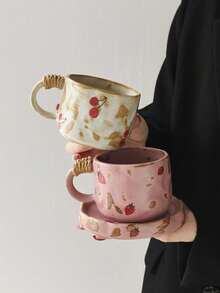 1set Vintage Crackle Glaze Ceramic Coffee Cup & Saucer Set, Cherry & Strawberry Mugs, Breakfast Milk Cup, Bread Plate, Home Afternoon Tea Coffee Cup, Latte Art Cup, Juice Beverage Cup, Couple Water Cup, Holiday Gift For Family & Friends