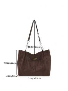 Vintage Suede Tote Bag For Women, Large Capacity Shoulder Bag With Letter Foil Decor, Adjustable Chain Strap, Casual Commuter Handbag, Autumn/Winter