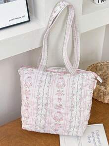 1 pièce Sac à main matelassé à motif floral, sac à bandoulière de voyage, sac fourre-tout à nœud et motif floral, sac de voyage à la mode, sac de courses, sac d'école, sac à déjeuner, grande capacité, sac de rangement pour aliments et fruits, boîte à déjeuner, pochette à bento, sac non isolant pour dîner, joli sac à déjeuner