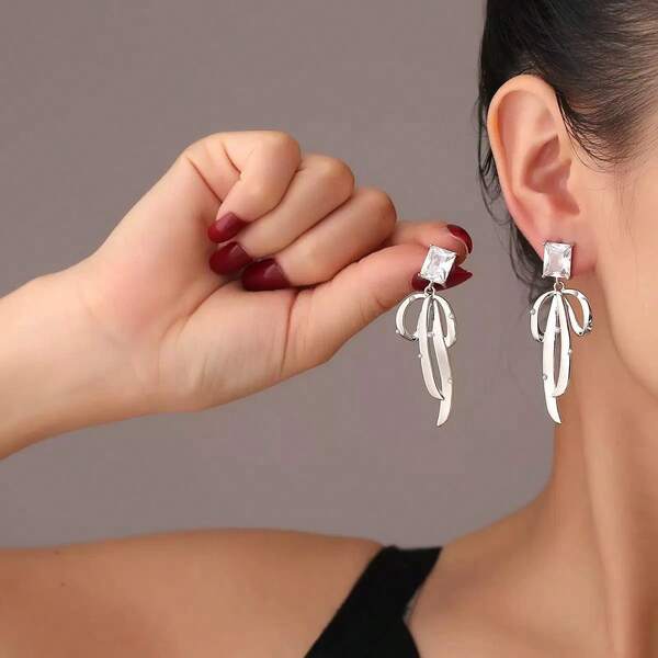 1 Pair 2025 New Fashion Earrings, Bubble Candy Ribbon Earrings For Women, Sweet Personalized Minimalist Silver Bow Stud Dangle Earrings, Elegant Jewelry Suitable For Daily Wear