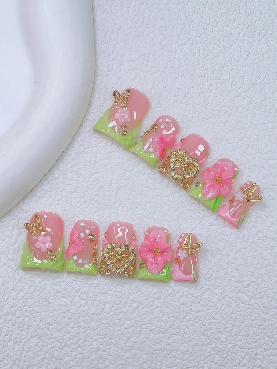 10pcs Y2K Nails Chic Duckbill Press On Nails Set - Handcrafted, Green Nails, Pink Nails, Green And Pink French Tip Nails, Handmade 3D Flowers With Pink Petal, 3D Flowers Bling Nails, Hand Drawn Green Leaf And White Polka Dot, White And Pink Little Flower Element Design Decoration, Sparkling Gold Butterfly & Gold Love Pattern - 彩色 - 查看 1