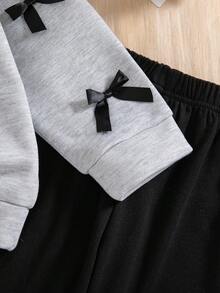 2 件女童休闲时尚纯色蝴蝶结装饰圆领落肩长袖羊毛运动衫和裤子套装，秋冬 - 淺灰色 - 查看 8