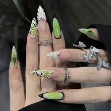 10-Piece Set Of Handmade Wearable Manicure, Green French Zebra Print Leopard Print 3D Three-Dimensional Striped Flower Relief Patch, Full Coverage And Reusable. - M - View 1