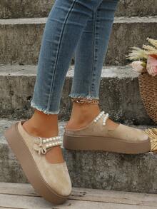 Perlenschlaufen-Schlupfschuhe mit Schleife, retromodische bequeme Flache Schuhe, modische vielseitige Dicksohlen-Flats, Neuer Stil für Herbst/Winter