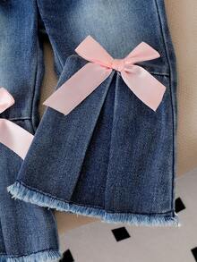 2pcs Baby Girl Sweet Casual Set: Bow Decor Round Neck Long Sleeve Sweatshirt And Bow Decor Slim Fit Flare Leg Jeans Pants - Pink - View 7