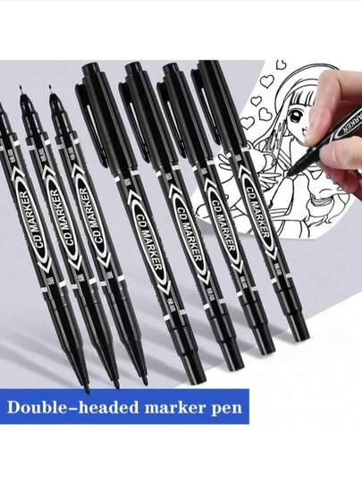 100 piezas/70 piezas/30 piezas/10 piezas/4 piezas/1 pieza Bolígrafo marcador permanente de doble punta - Alcohólico y aceitoso, negro, con punta fina y punta oblicua, no se mancha, adecuado para pintura, bocetos - Oficina, escuela y suministros de oficina