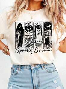 Nightmare Before Christmas, Halloween Clothes, Women Halloween Costumes, Women Halloween Costumes, Women Halloween Costumes, Halloween T-Shirt Autumn Ghost Pattern Women Casual Round Neck Short Sleeve T-ShirtCómodo Y Transpirable - 淺杏色 - 查看 1