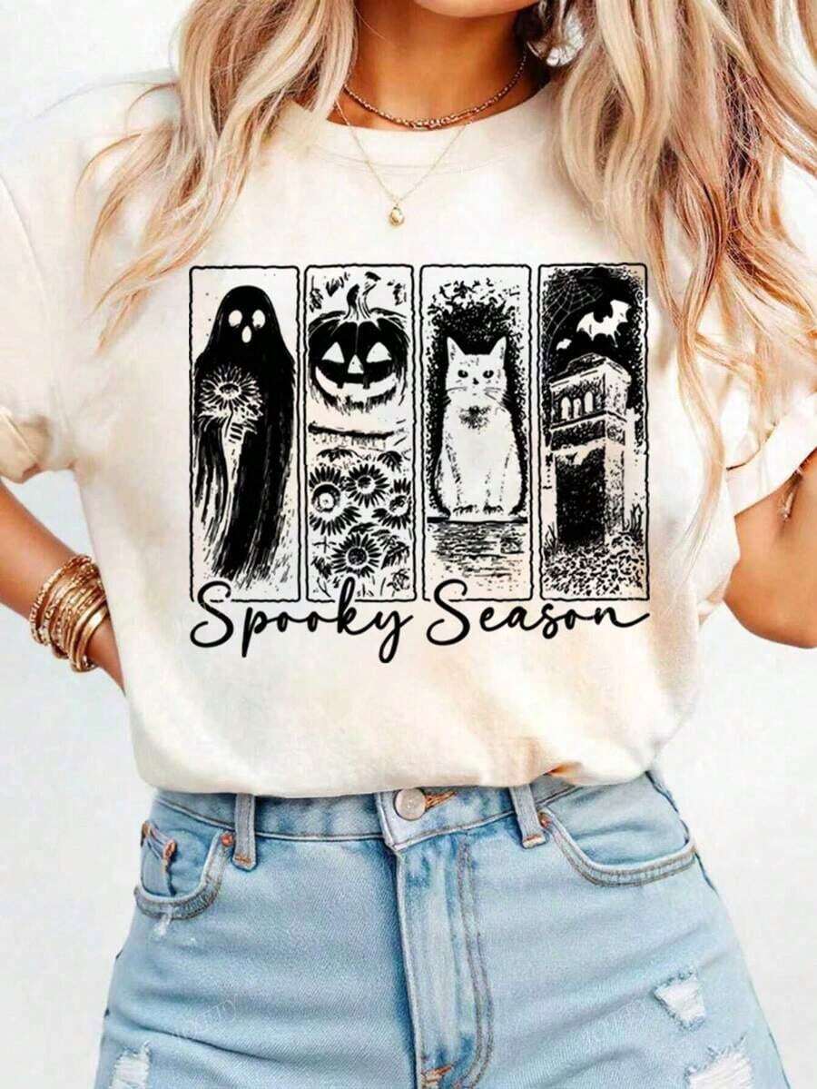 Nightmare Before Christmas, Halloween Clothes, Women Halloween Costumes, Women Halloween Costumes, Women Halloween Costumes, Halloween T-Shirt Autumn Ghost Pattern Women Casual Round Neck Short Sleeve T-ShirtCómodo Y Transpirable - 淺杏色 - 查看 1