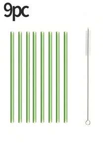 طقم قش من الزجاج 9 قطع مع فرشاة تنظيف - قش قابل لإعادة الاستخدام منحني ومستقيم للمشروبات والكوكتيلات - مثالي للمنزل والحفلات والبار ومحلات الشاي الفقاعي والمدارس