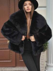人造皮草外套，女士秋季外套，皮草大衣，女式大衣，白色，黑色，酒红色，灰色，米色，红色外套，皮草上衣，蓬松外套 - 黑色 - 查看 4