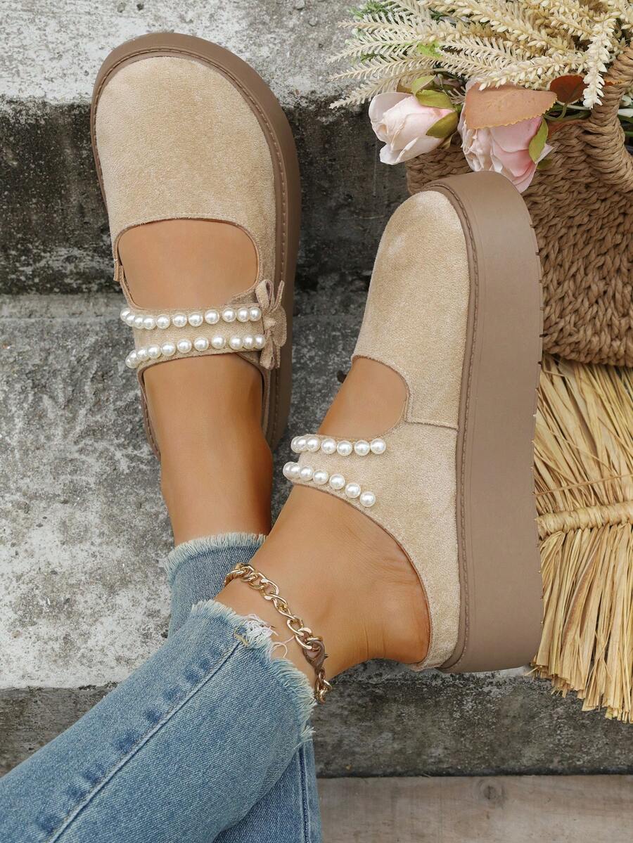 Perlenschlaufen-Schlupfschuhe mit Schleife, retromodische bequeme Flache Schuhe, modische vielseitige Dicksohlen-Flats, Neuer Stil für Herbst/Winter