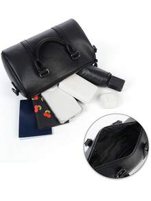 复古几何图案PU皮革经典圆筒单肩包，男女通用休闲斜挎包，街头风手提包，男士圣诞礼物佳选 - 黑色 - 查看 5