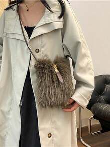 1 件迷你扎染色块蓬松单肩包，休闲百搭斜挎包，独特设计可爱女孩风格水桶包，秋冬 - 棕色 - View 6