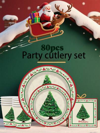 80 件套，圣诞主题，一次性纸盘，蛋糕盘，派对盘，生日盘，材质，适用于各种节日，如生日派对、聚会、野餐、露营、烧烤、沙滩派对、户外婚礼、婚宴等。