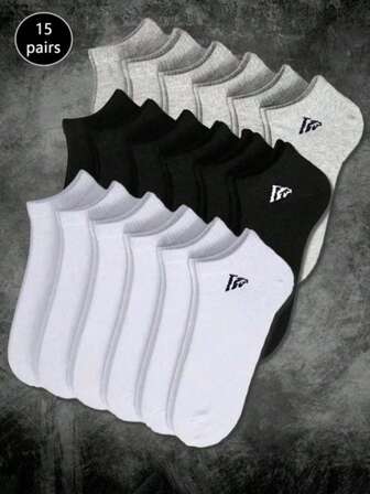 15 pares de calcetines unisex surtidos, calcetines deportivos, calcetines tobilleros blancos/negros/grises, calcetines invisibles, estilo minimalista de unicolor, adecuados para uso diario casual