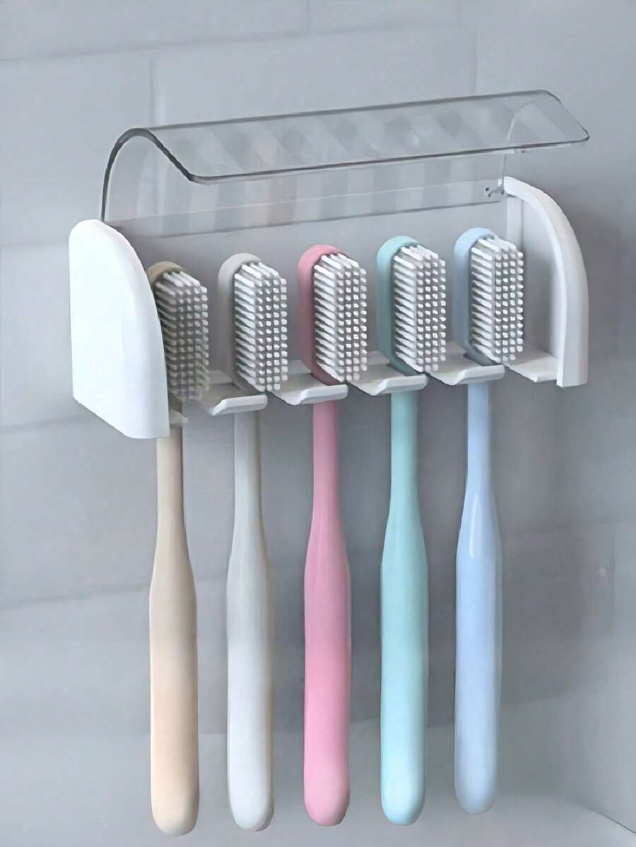 1/2 piezas Soporte para cepillos de dientes montado en la pared sin perforación con tapa, soporte para cepillo de dientes eléctrico para baño, estante para almacenamiento de pasta de dientes, organizador de cepillos de dientes autoadhesivo de 2/5/6 ranuras para familia, accesorios organizadores de baño (Blanco) - Blanco - Ver 1
