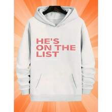 Men's Funny "He's On The List" Satirical Last Name Humor Hooded Sweatshirt - Soft Casual Pullover With White Hood & Red Text Print, Funny Adult Novelty Sweater For Parties & Casual Attire, Machine Washable Spring/Fall Apparel, Punk-Inspired Geometric Pattern & Bold Statement Design, Relaxed Fit For Men, Cool Hoodies For Men