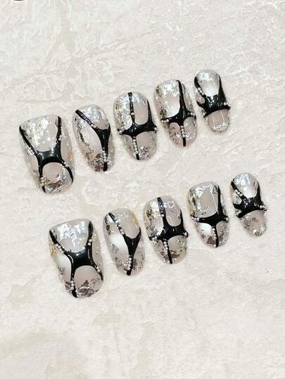 10pcs Oval Handpainted Textured Glitter Cat Eye Nail Tips, Chic & Spicy Design, Suitable For Daily, Work, Parties, Dates, Brightening, Reusable Nail Art Set With Jelly Gel, Mini Buffer