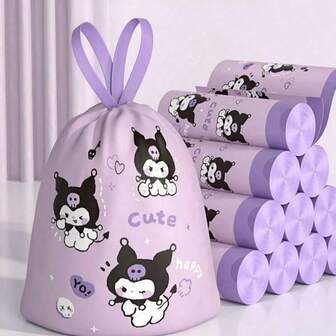 Sanrio Kuromi Cartoon Drawstring Trash Bags (Thick & Durable): Double-Sided, Perfect For Kitchen, Bathroom, & Household Use; Portable, Leak-Proof, Convenient Storage Bags; Stylish & Practical For Daily Use.