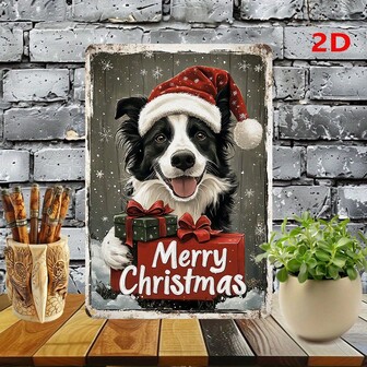 1 件复古圣诞边境牧羊犬木制标牌 - 带圣诞帽和雪花图案，室内/室外节日装饰，适用于客厅、花园、露台 - 圣诞快乐设计、节日艺术、爱狗人士礼物、2D 平面装饰牌匾