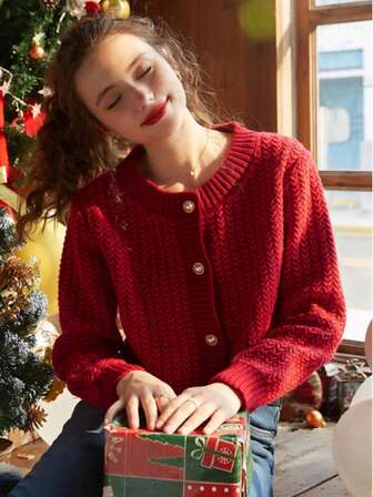 Knit Mix Elegante cárdigan de punto elegante y versátil para mujer, estilo francés, de manga larga y cuello redondo, para otoño e invierno, ideal para Navidad, Acción de Gracias y Año Nuevo