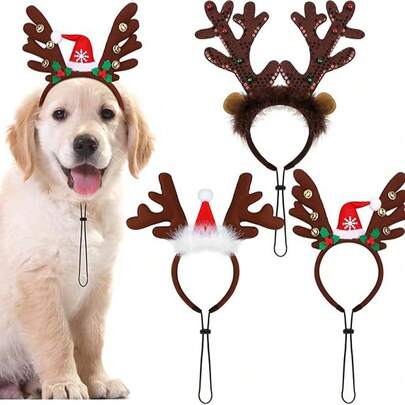 Christmas Antler Pet Headband Cat & Dog Christmas Hat With Antlers And Bells Pet Headwear Christmas Dog Headbands & Hair Accessories Cat Accessories Pet Accessories