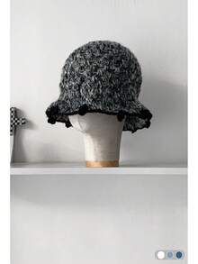 Mixed Color Knitted Bucket Hat For Women, Autumn/Winter, New Style, Large Head Circumference, Versatile, Simple, Natural Look, Fashionable, Compact, Warm Knitted Cap