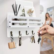 Key Holder Wall Mount, 10 Inch Decorative Key And Mail Holder For Wall, With Mail Organizer & 4 Key Hooks, Rustic Wooden Key Rack For Hanging Dog Leash Sunglasses, Entryway Key Hanger, Black - White - View 6