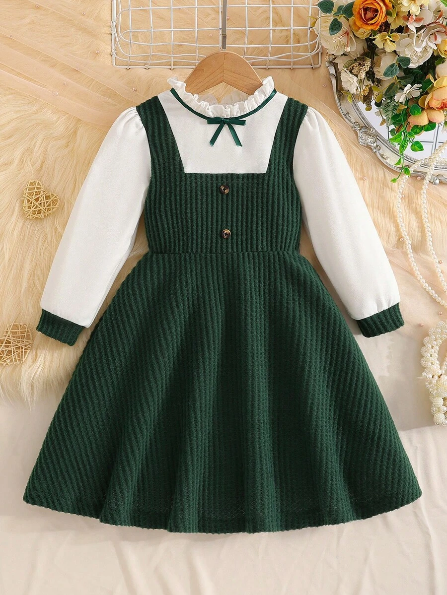 coviviky Set de 2 piezas de vestido de punto texturizado para niña - Camisa blanca con cuello de volantes + Falda de tirantes con lazo de botón verde oscuro, estilo escolar vintage