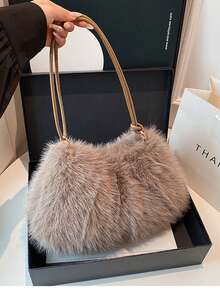 可爱毛绒云朵设计手提包，时尚单肩/斜挎包，适合通勤，秋冬新款毛绒包，新年必备 - 卡其色 - 查看 5