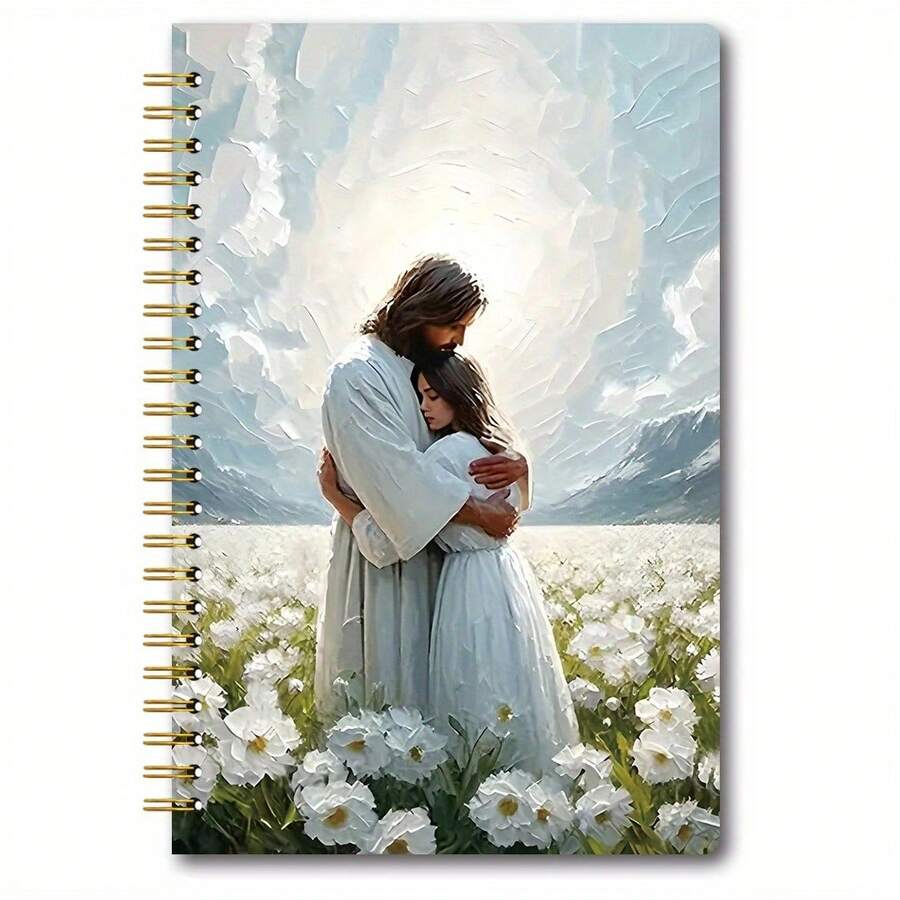 耶稣拥抱女性螺旋笔记本 - 鼓舞人心的基督教艺术封面，50 页优质纸张，13.97x21.08 厘米个人日记本，是送给基督徒的完美圣诞礼物，适合宗教日记、精神写作、Sere Ne 封面设计、鼓舞人心的艺术品、艺术封面设计 - A - 查看 1