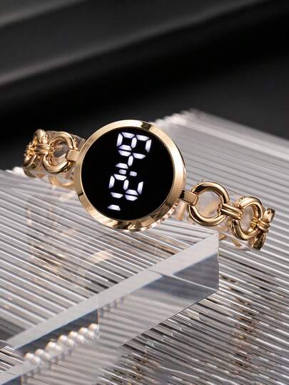 1 pieza Reloj electrónico de acero con correa circular, elegante, minimalista, lujoso y casual, adecuado para uso diario de mujeres, como regalo, para cumpleaños y días festivos