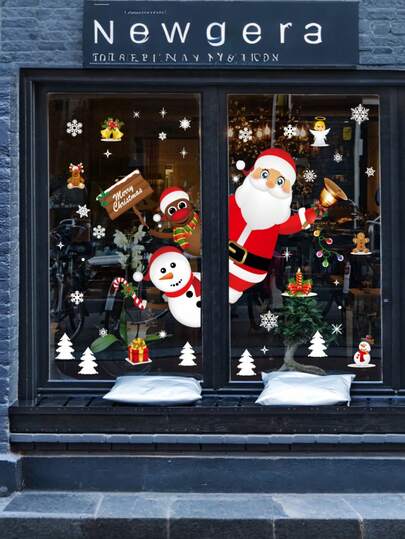 43 件圣诞雪花玻璃窗贴，圣诞贴花装饰节日雪花圣诞老人驯鹿雪人贴花，圣诞装饰贴纸，节日排队装饰