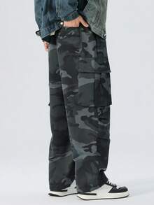 Men Plus Camouflage Cargo Pants, Straight Leg Multi-Pocket Drawstring Woven Trousers, Suitable For All Seasons, Fall - Army Green - View 5